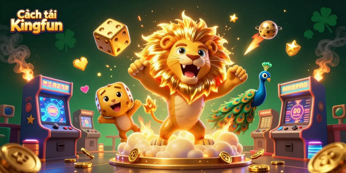 Play Cách tải Kingfun with 3D lion and colorful arcade elements, capturing a thrilling casino vibe.