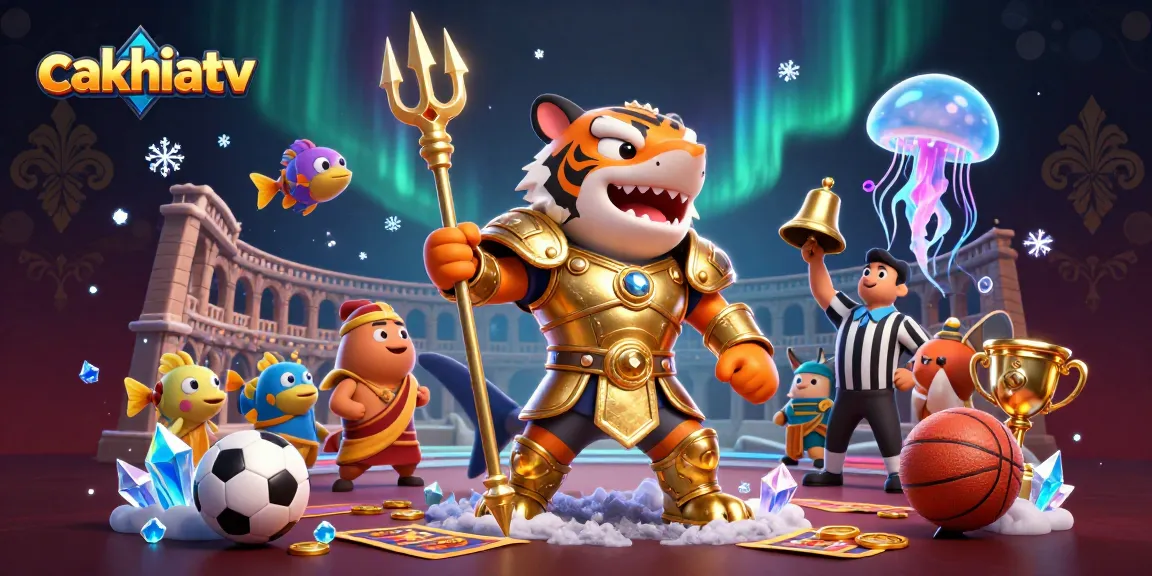 Experience the thrill of sports betting on cakhiatv with vibrant illustrations of a tiger shark champion and exciting betting elements.