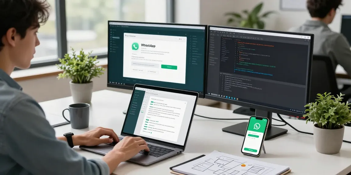 WhatsApp下載 in a modern tech workspace featuring a developer coding with dual monitors and a smartphone.