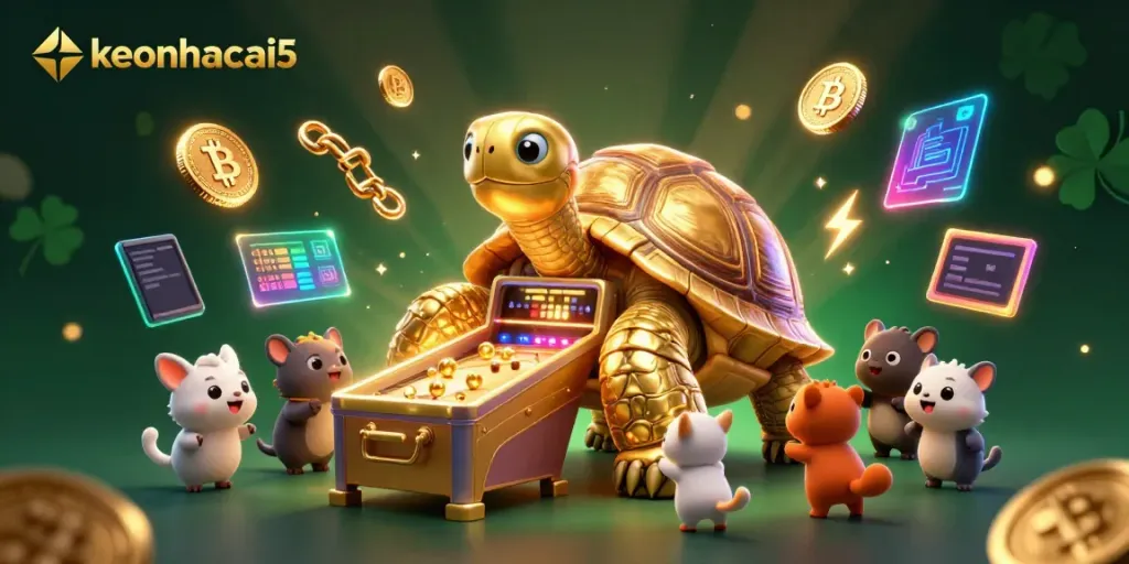 Engage in thrilling action with keonhacai5 as a golden tortoise pinball machine entertains eager players.