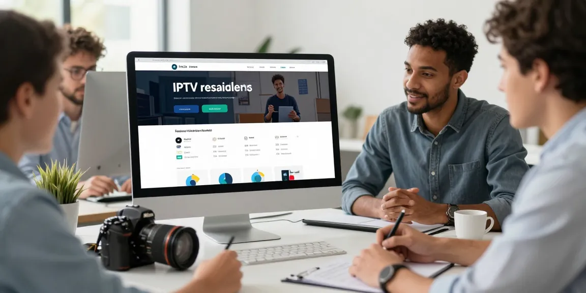 Best IPTV reseller panel showcased by trusted professionals discussing strategies in a modern workspace.