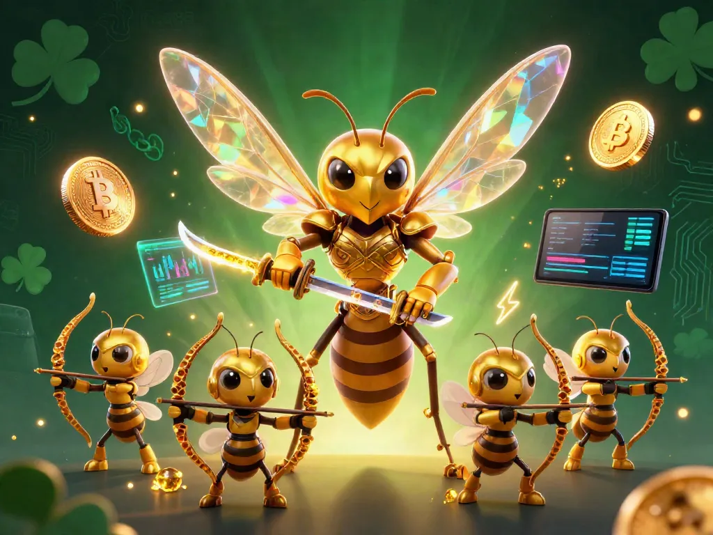 Experience the vibrant gaming atmosphere of net88 as a samurai hornet leads a squad of bee archers among glowing crypto elements.