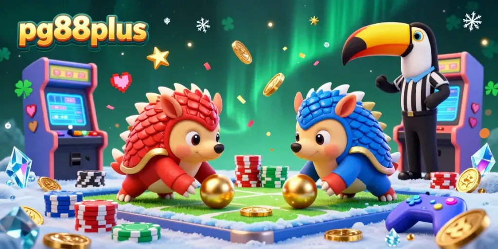 Spin the reels with pg88plus in a dynamic 3D casino world featuring rival pangolins and poker chips.