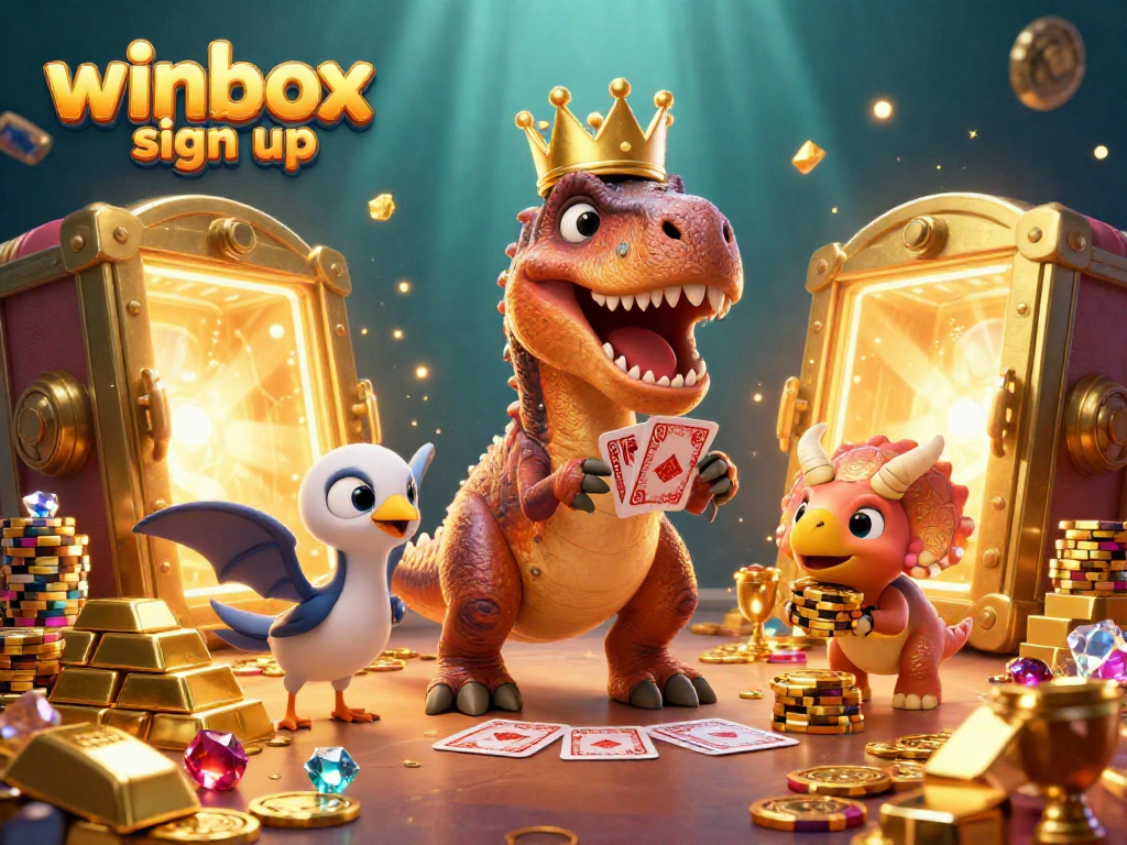 Winbox sign up lets players join vibrant casino adventures with a friendly T-Rex dealing cards.
