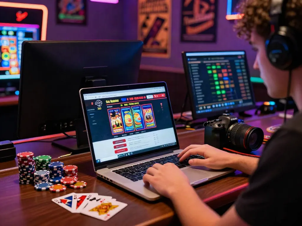 Engaging player exploring a non GamStop UK casino online with gaming tokens and colorful lights.