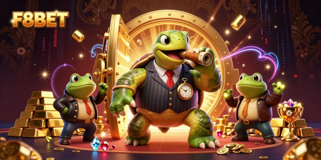 Experience the thrilling world of F8BET with vibrant 3D characters and casino imagery.