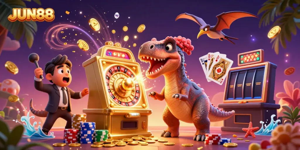 JUN88 unleashes a magical jackpot with a pachycephalosaurus and vibrant casino elements.