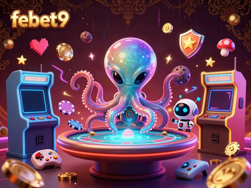Experience thrilling gameplay with febet9 while an alien octopus engages at a holographic poker table.