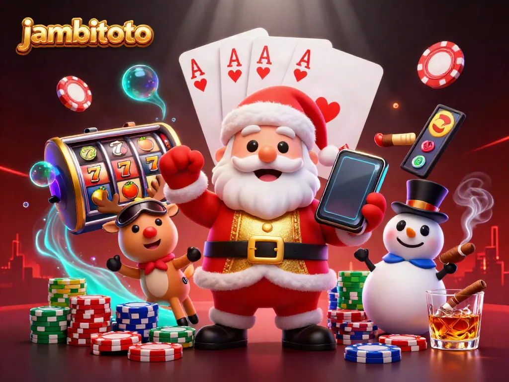 Play thrilling jackpot slots with jambitoto in a festive casino scene featuring Santa and friends.