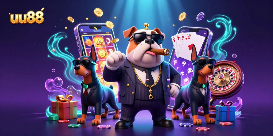 Win with uu88's thrilling games featuring a mafia bulldog boss in a dynamic scene of online gambling.