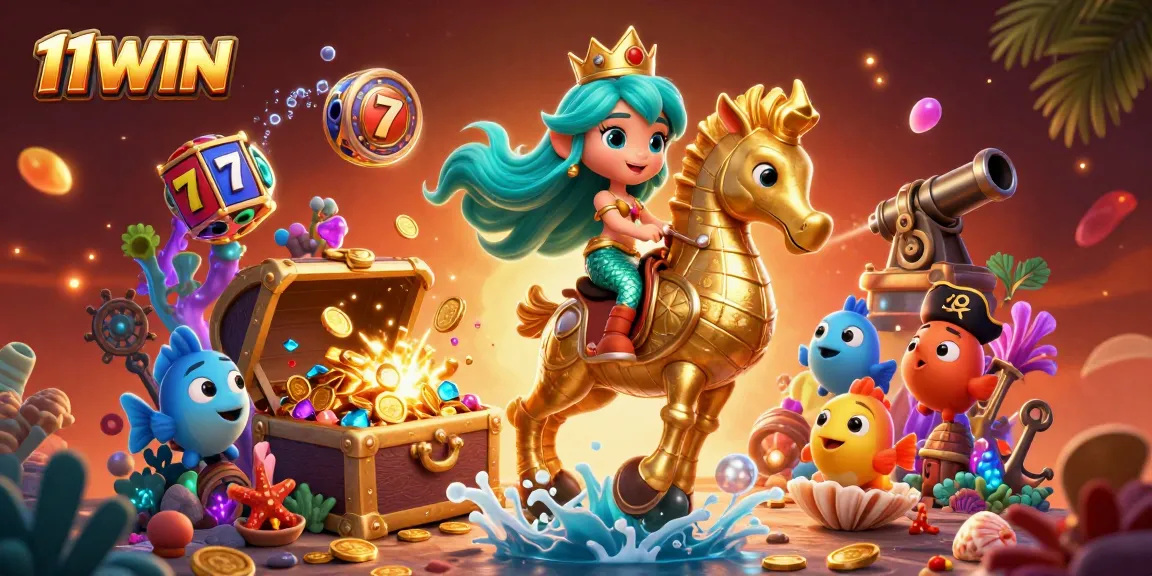 11WIN features a dynamic underwater scene with a mermaid, seahorse, and vibrant gaming elements.