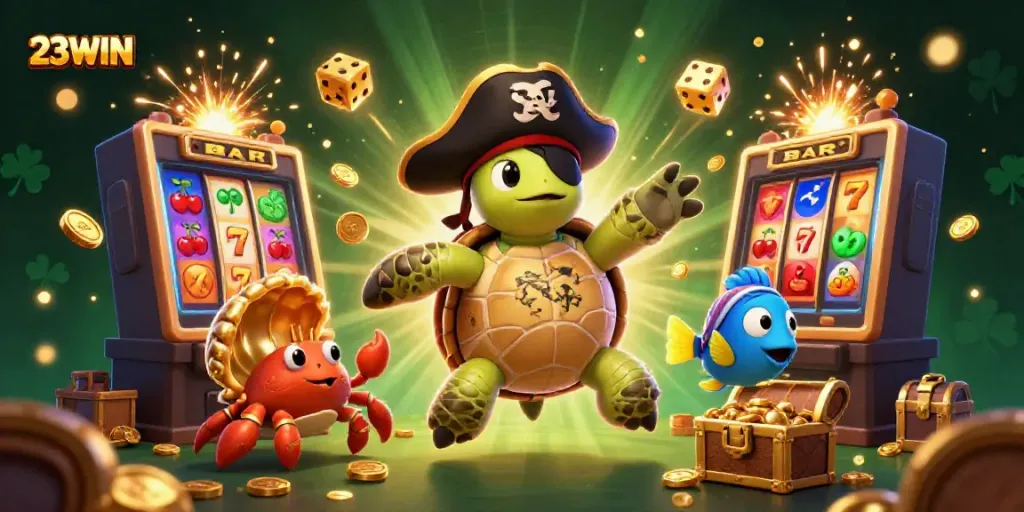 Spin to win with 23WIN featuring a dynamic scene of casino games and treasure