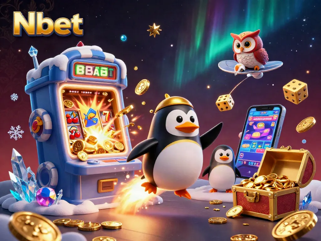 Nbet energizes players with an exciting jackpot scene featuring coins, golden dice, and slot machines.