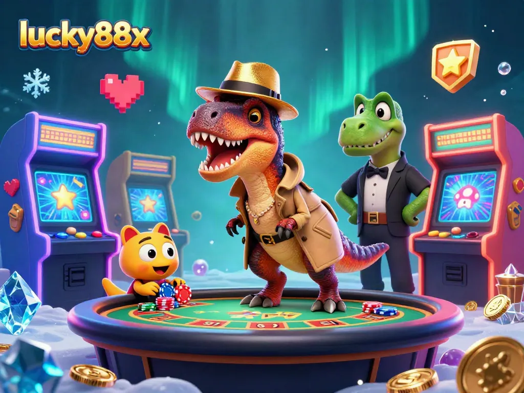 Engage with lucky88x at a lively casino scene featuring a velociraptor card counter, colorful arcade machines, and streaming lights.