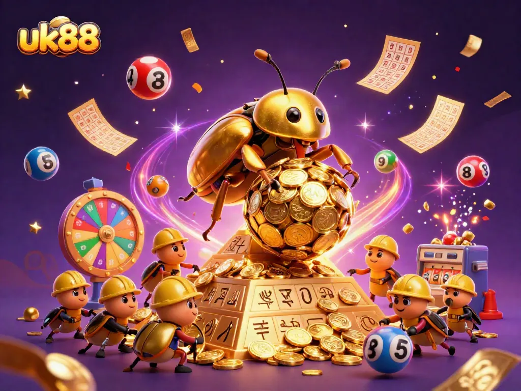 Experience winning moments with uk88 in this vibrant 3D casino-themed illustration featuring golden beetles.