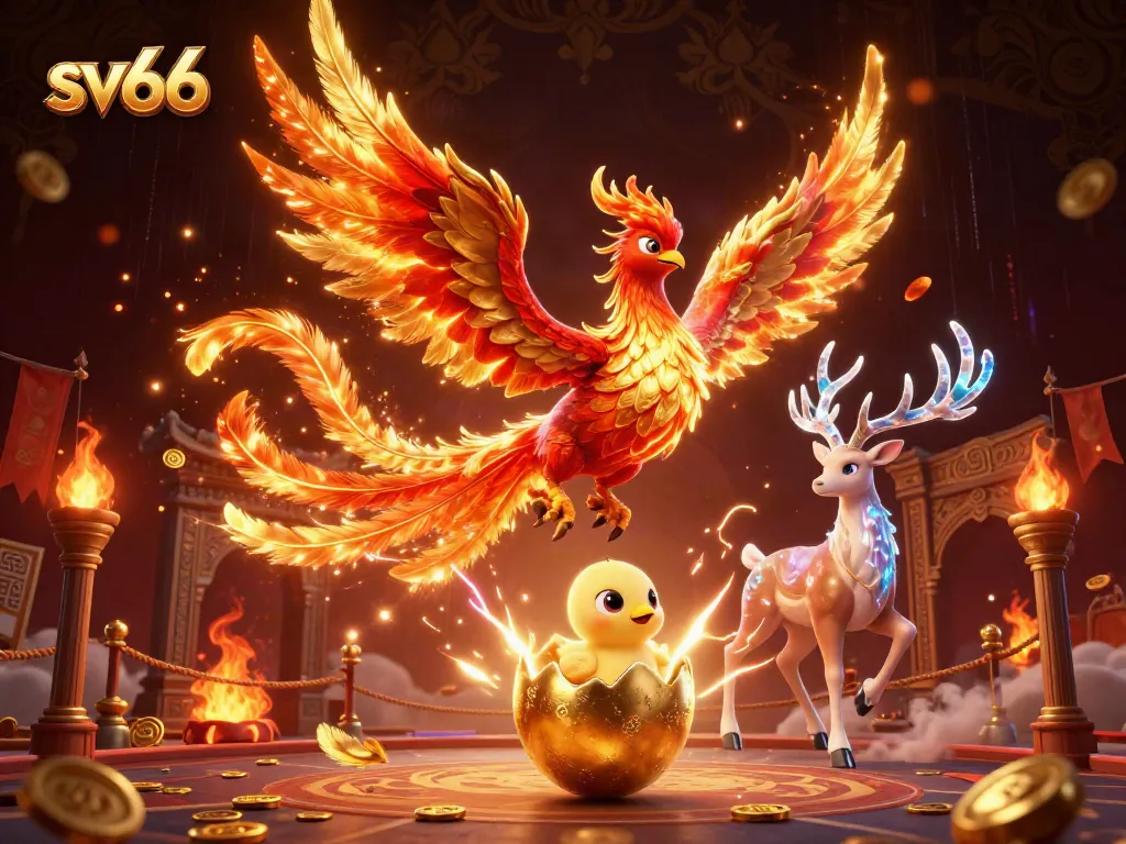 Engage with sv66's thrilling gaming experience featuring a fiery phoenix, baby chick, and mystical stag amidst dynamic casino elements.