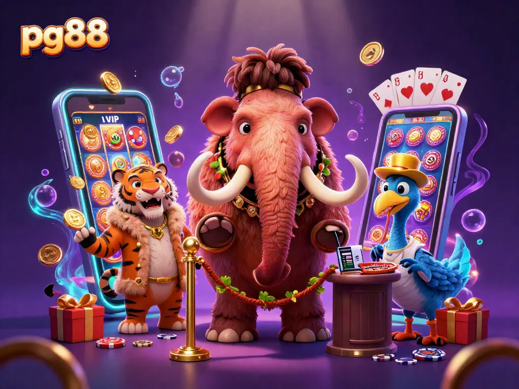 Experience pg88 with vibrant 3D casino scene showcasing unique characters and dynamic gambling elements.