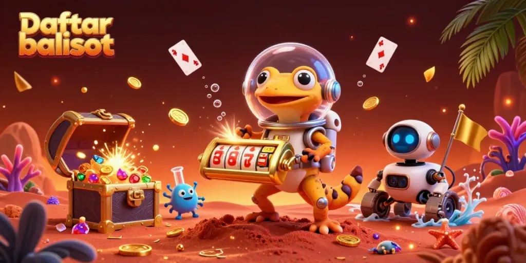 Experience the excitement of Daftar balisot with a cartoon Martian gecko discovering a golden casino.