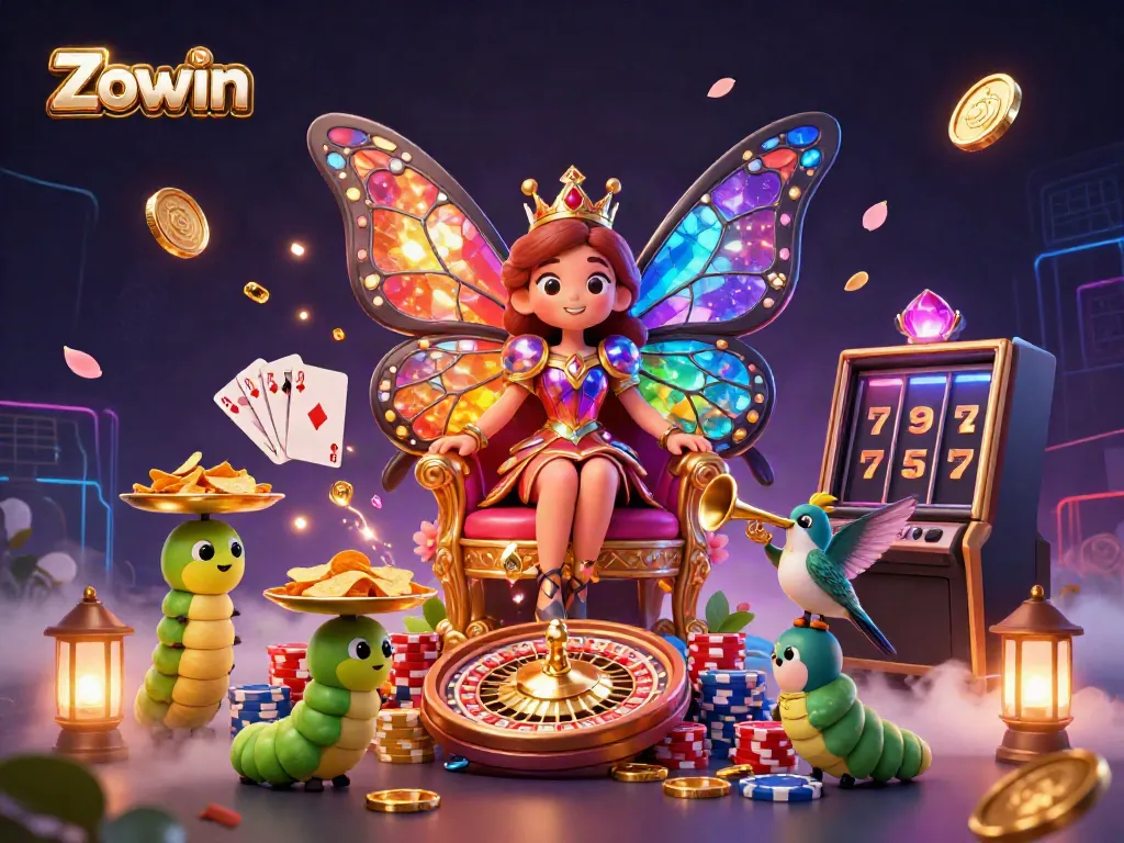 Zowin's vibrant gaming scene featuring a butterfly queen and dynamic casino elements, celebrating thrilling gameplay.