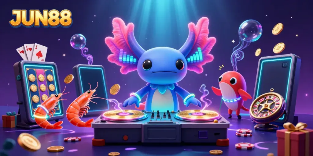 Experience the excitement and fun of JUN88 with a vibrant underwater casino scene featuring an axolotl DJ and dancing sea creatures.