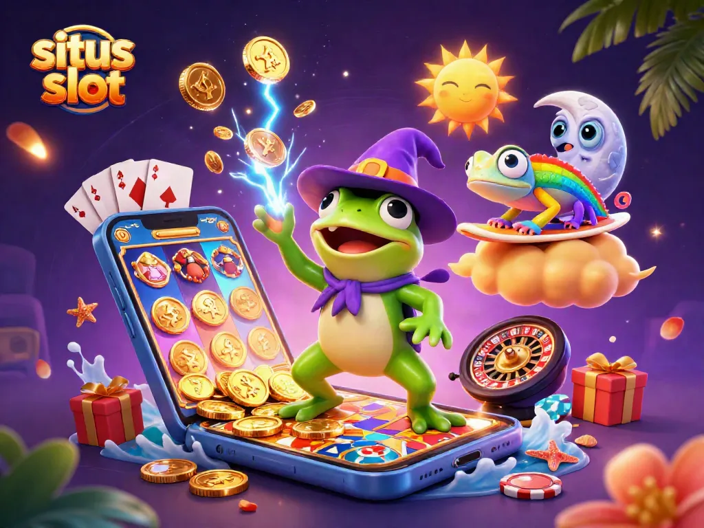 Engage with situs slot as characters create a jackpot of golden coins amidst vibrant casino elements.