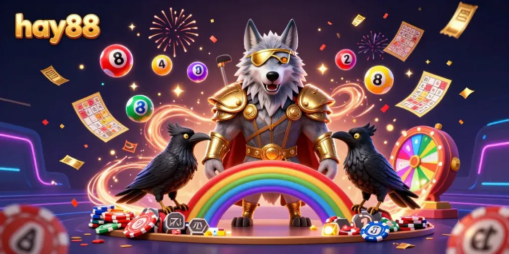 Experience the excitement of hay88 with vibrant lottery balls and magical energy swirls in a festive casino scene.