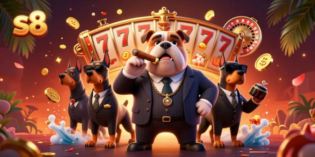 Experience thrilling jackpot moments at S8 with a lively mafia-themed illustration.