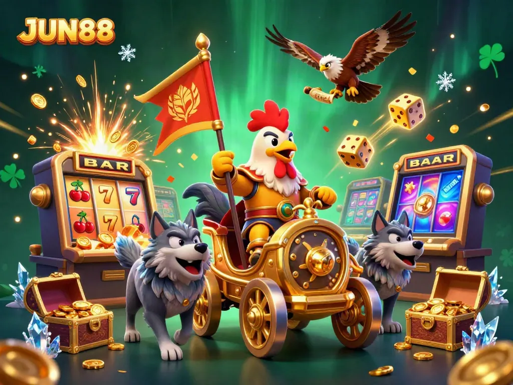 Engage in thrilling games at JUN88 with a dynamic scene featuring cartoon rooster warlord and casino elements.