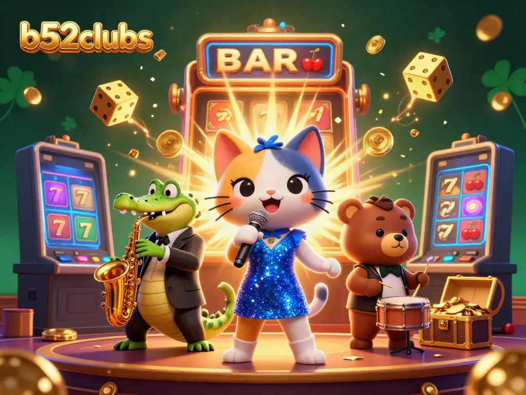 Experience the vibrant entertainment of b52clubs with animated characters and an explosion of casino elements.
