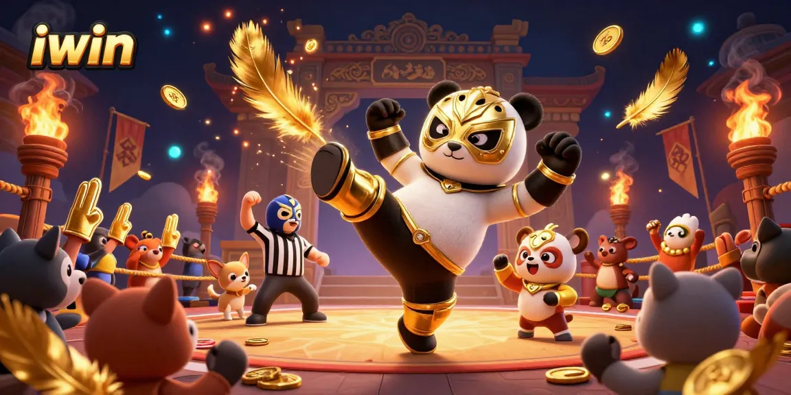 Engage in thrilling gameplay at iwin with panda wrestler kicking through golden casino elements!