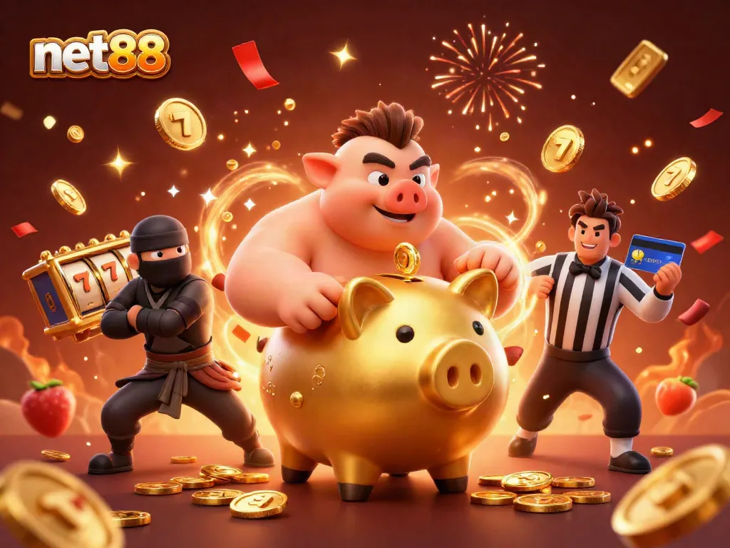 Experience thrilling gameplay at net88 with a golden piggy bank sumo wrestler and dynamic casino elements.