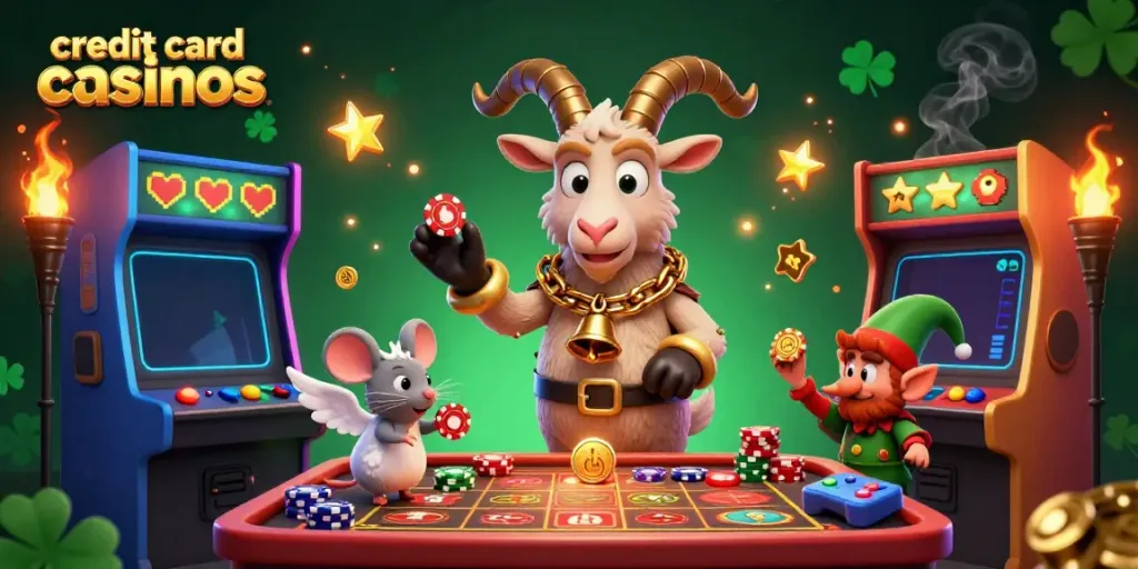 Engage with the festive scene of credit card casinos featuring Krampus and angel mouse managing a whimsical casino atmosphere.