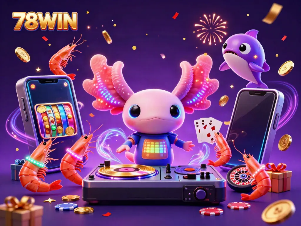 Experience vibrant gaming with 78WIN's neon-themed casino illustration featuring dynamic characters and slot elements.