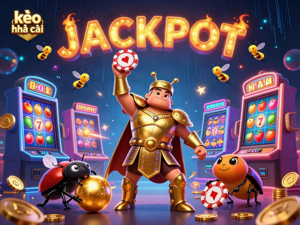 Engaging illustration of kèo nhà cái featuring a victorious beetle with poker chip, embodying casino excitement.