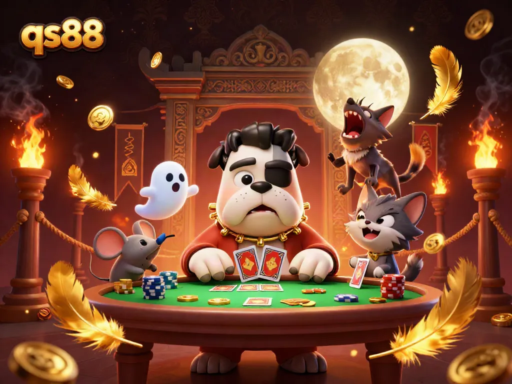 Engage in the excitement of qs88 with a lively scene featuring iconic gambling characters and vibrant casino elements.