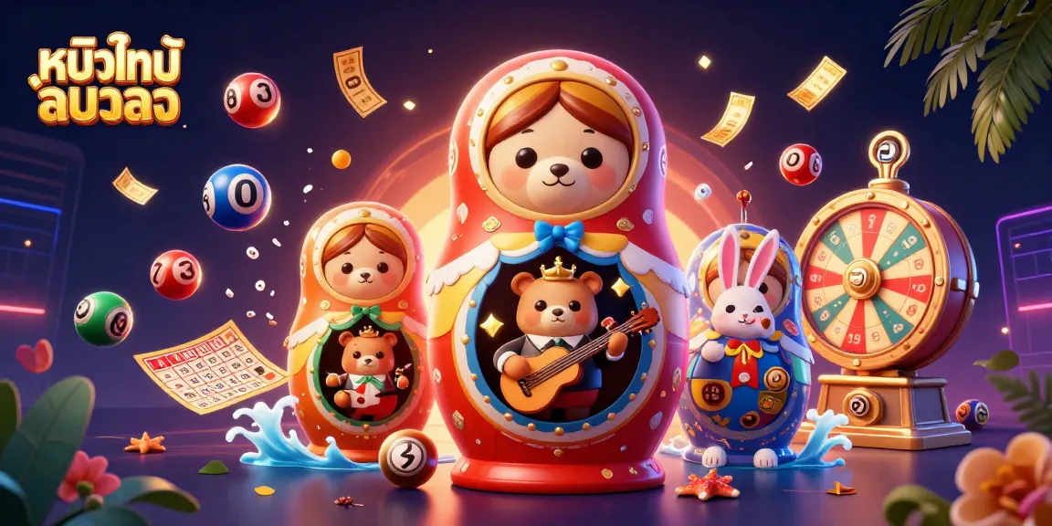 ภาพการ์ตูน 3 มิติแสดงถึงหนังใหม่ชนโรง พร้อมลูกบอลล็อตเตอรี่และบัตรบิงโก