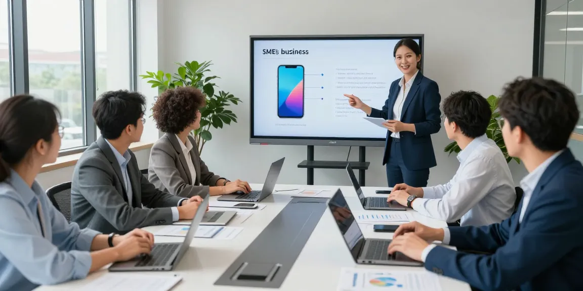 Professionals discussing the best mobile phone business options in a collaborative office, showcasing innovation and teamwork.