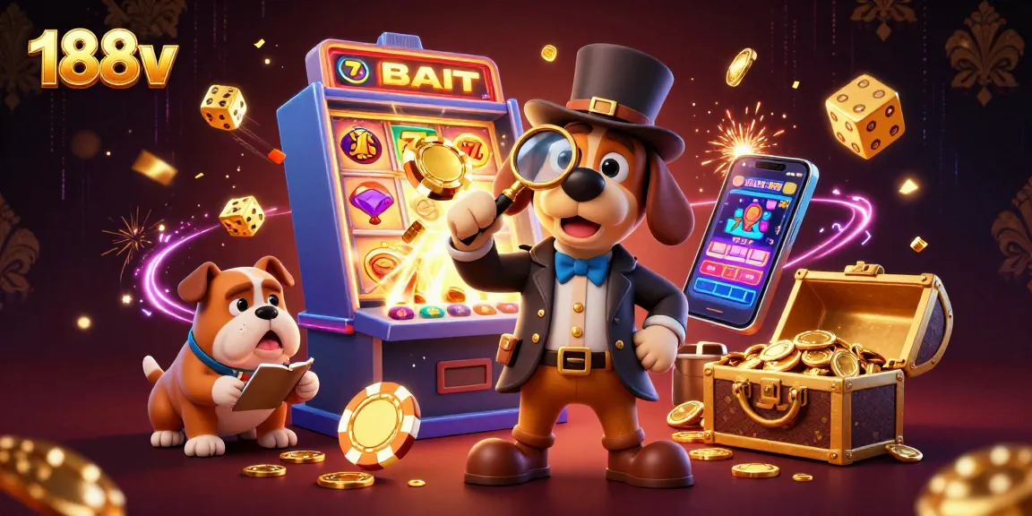 Engage with 188v's thrilling gaming world as a detective discovers hidden treasures amidst colorful casino elements.