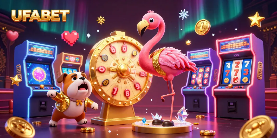 Join the excitement at UFABET as a bulldog contestant celebrates a win while a flamingo host spins the prize wheel.