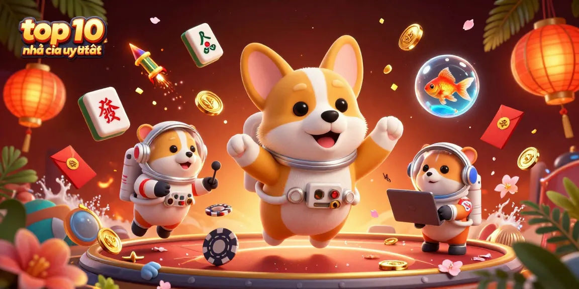 Engage with the top 10 nhà cái uy tín through a vibrant 3D casino scene filled with floating treasures and joyful characters.