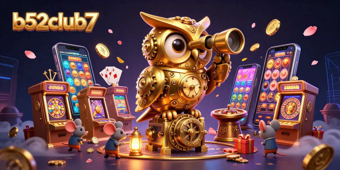 Experience excitement at b52club7 with a vibrant casino scene featuring a golden owl and slot games.