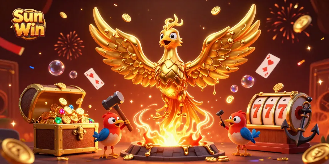 Experience the excitement of Sun Win with immersive slot games featuring a golden phoenix and dynamic elements in a vibrant casino scene.