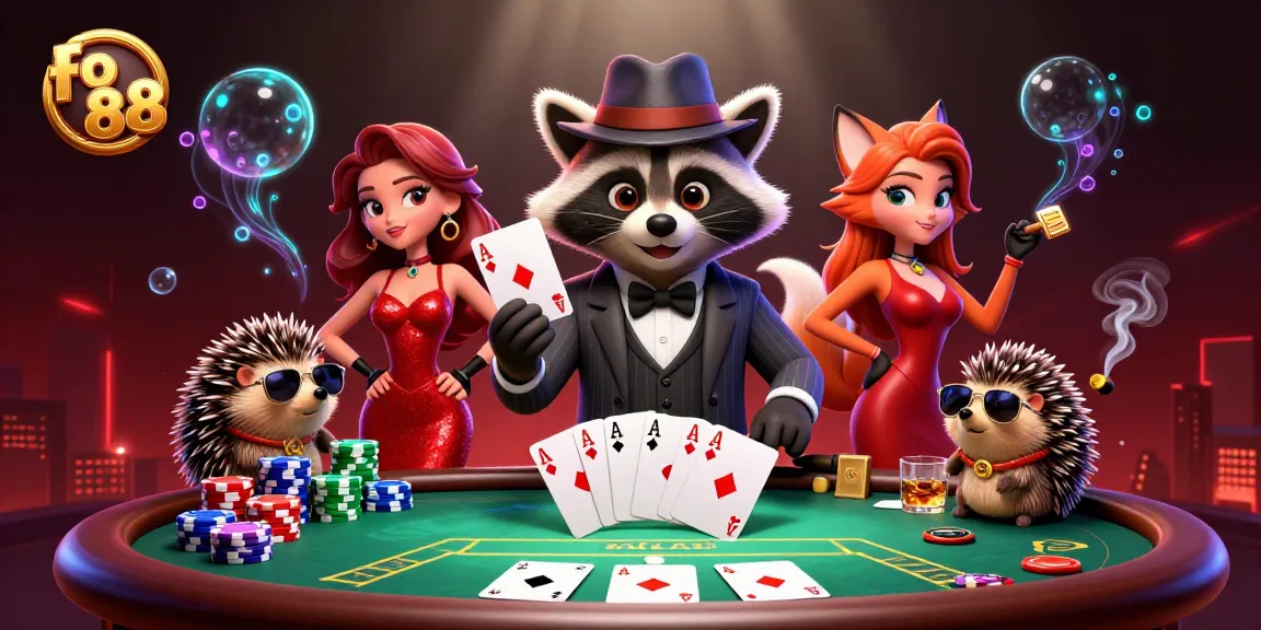 Experience the thrills of fo 88 with a royal flush as suave characters engage in a lively poker scene.