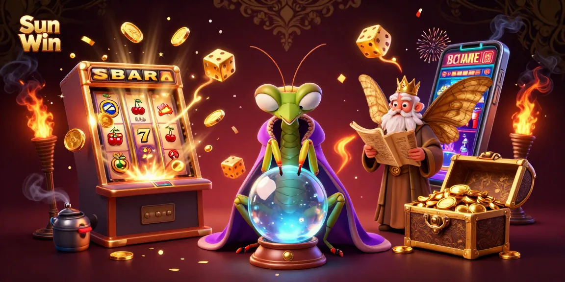 Experience thrilling gaming at Sun Win with a mystical casino scene featuring vibrant slot machines and dynamic characters.