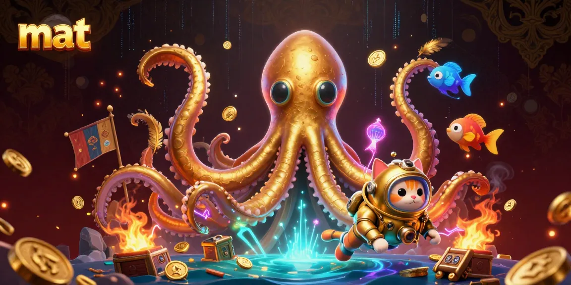 Experience thrilling gaming adventures with mat as a colossal kraken and a diving cat explore a treasure-filled ocean scene.