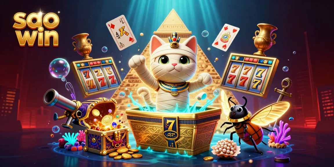 Engage with the vibrant world of sao win, featuring an Egyptian mummy cat and a scarab beetle in an action-packed casino scene.
