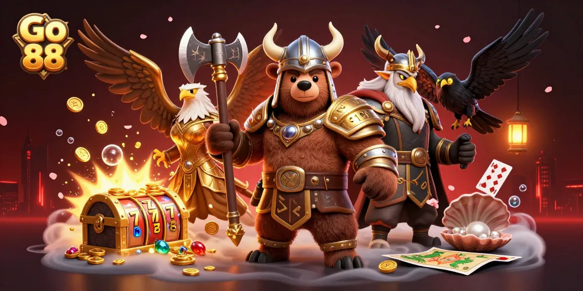 Spin to win with Go 88, featuring Viking heroes and treasure in a dynamic casino illustration.