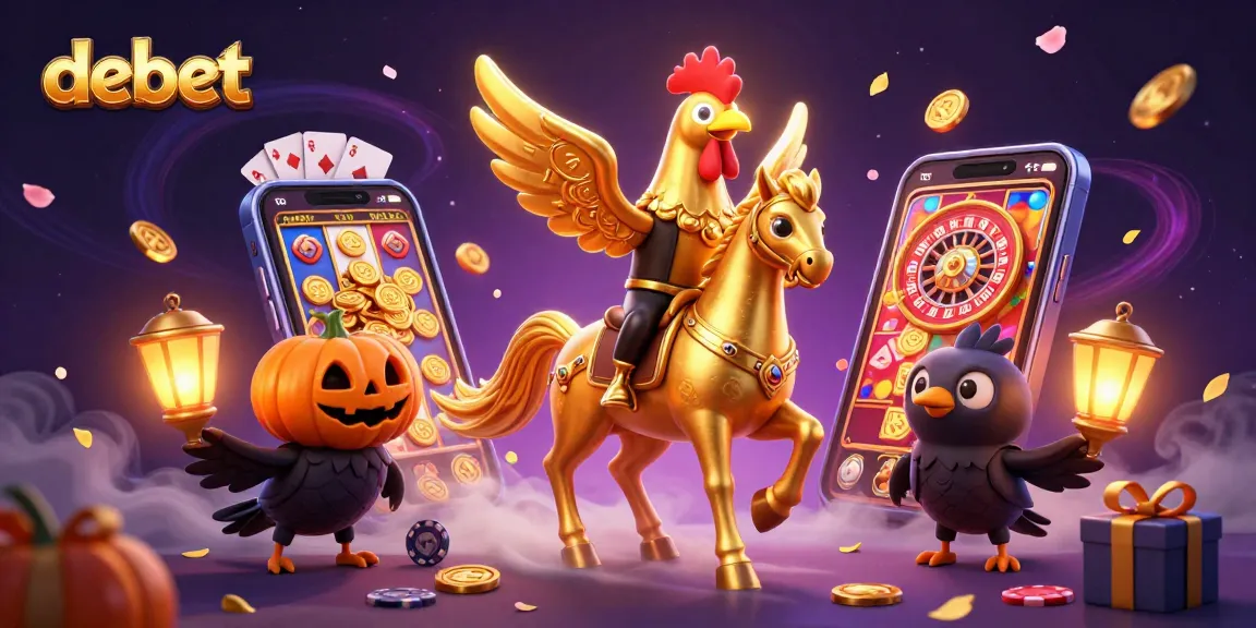 Experience thrilling bets with debet in a vibrant casino scene featuring a golden rooster and lantern-carrying crows.