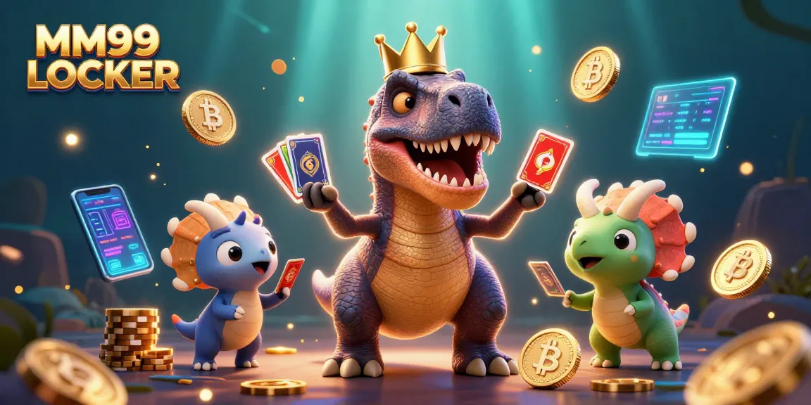 Experience the fun at MM99 LOCKER with a friendly dinosaur shuffling cards and vibrant casino elements.