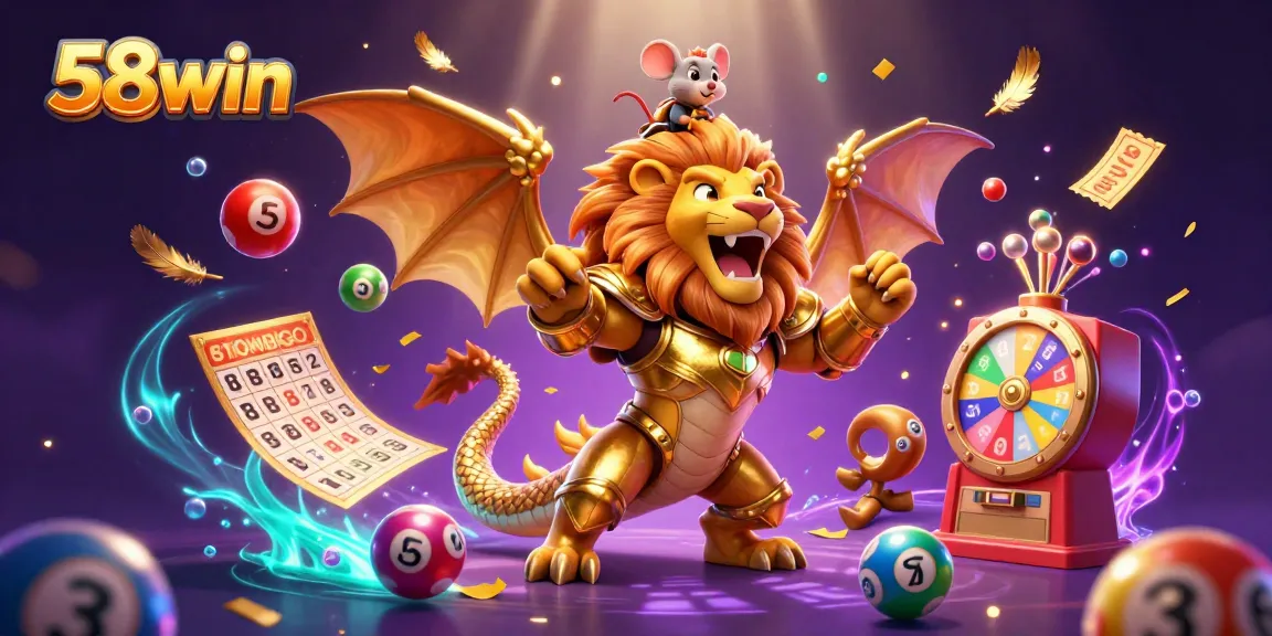 Engage in thrilling gambling action at 58win with dynamic lottery elements and a stunning chimera illustration.
